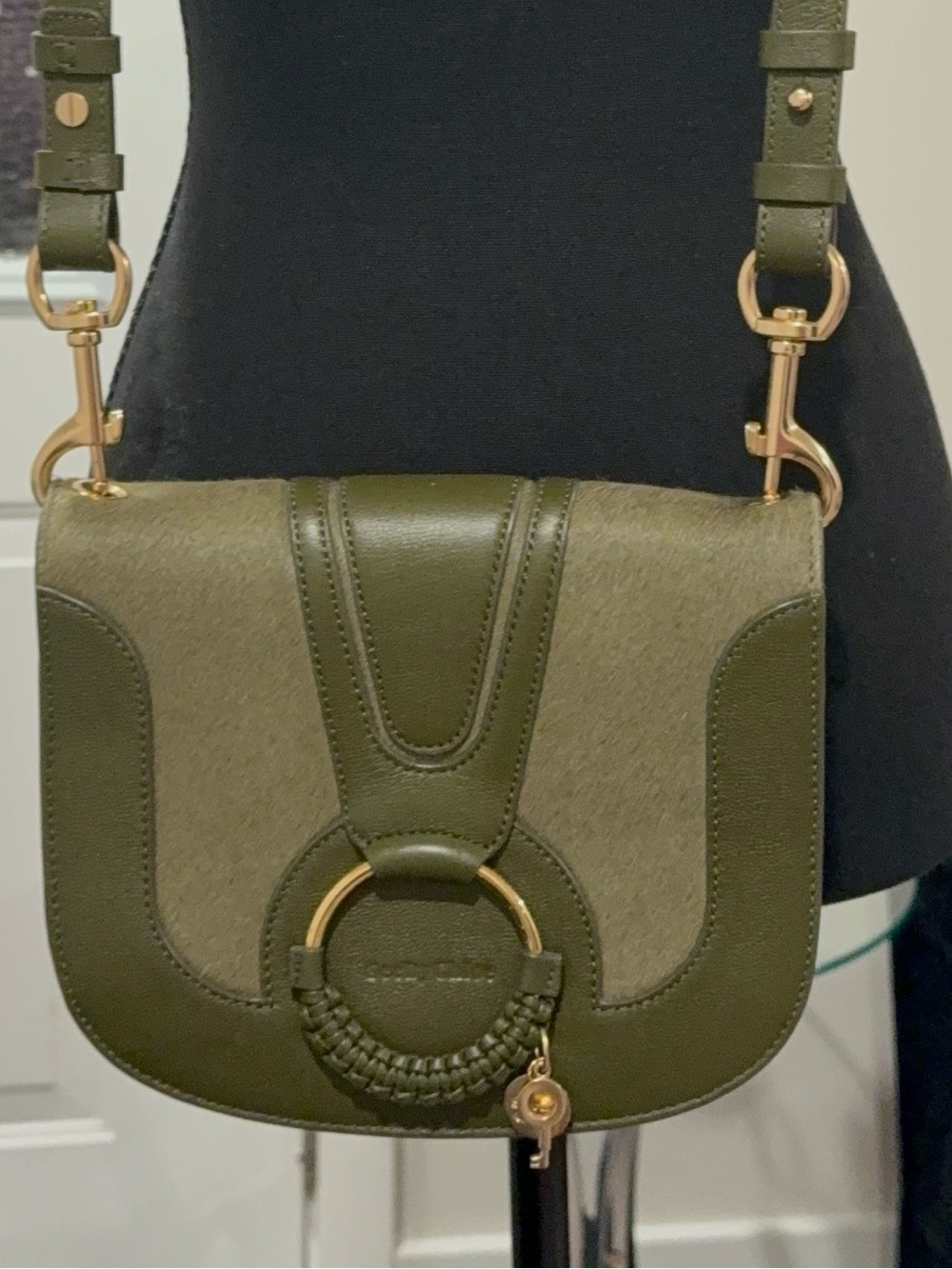 Chloe Olive Green Leather Crossbody Bag with Gold Ring Accent